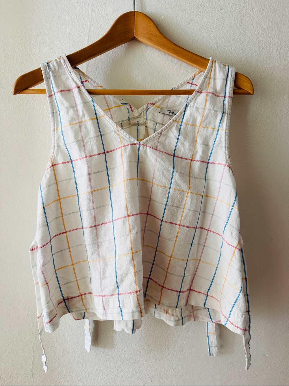 Madewell White Windowpane Check V-Neck Tank with Blue, Red, Yellow Lines - Picture 3 of 4
